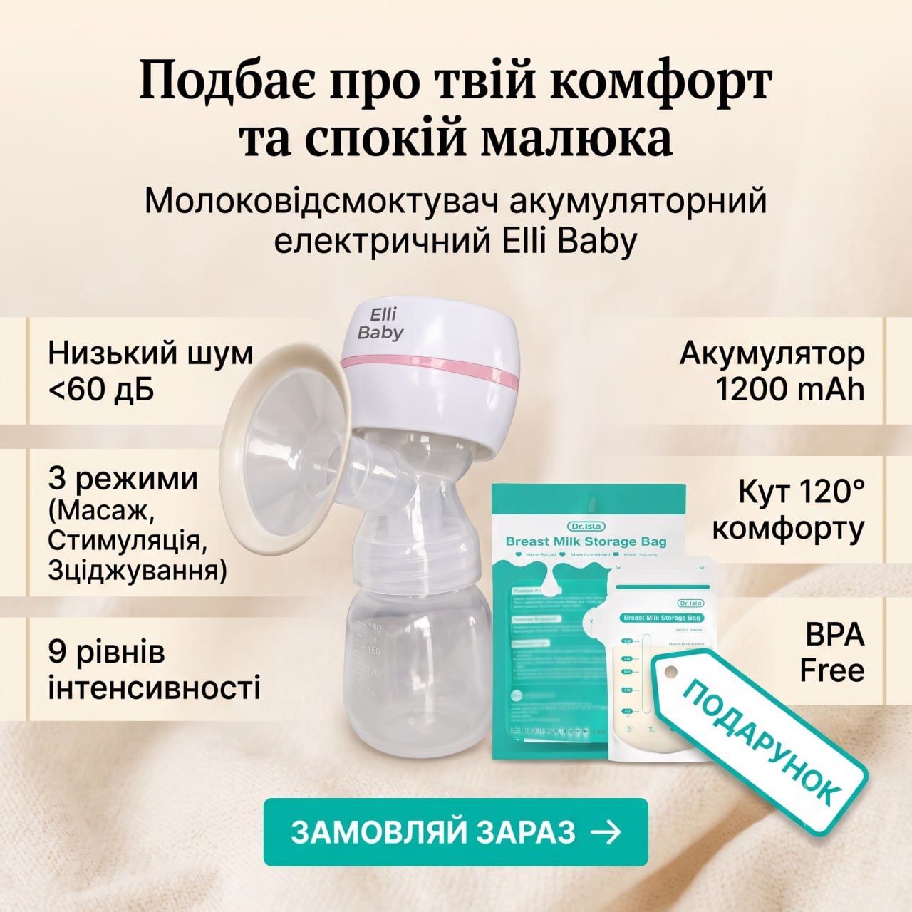 Молоковідсмоктувач Elli Baby 3-в-1 + пакетики для зберігання молока